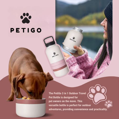 PetiGo 3 in 1 Travel Pet Bottle With Food Bowls - Stainless Steel, BPA Free, Insulated, Vacuum Sealed Lid