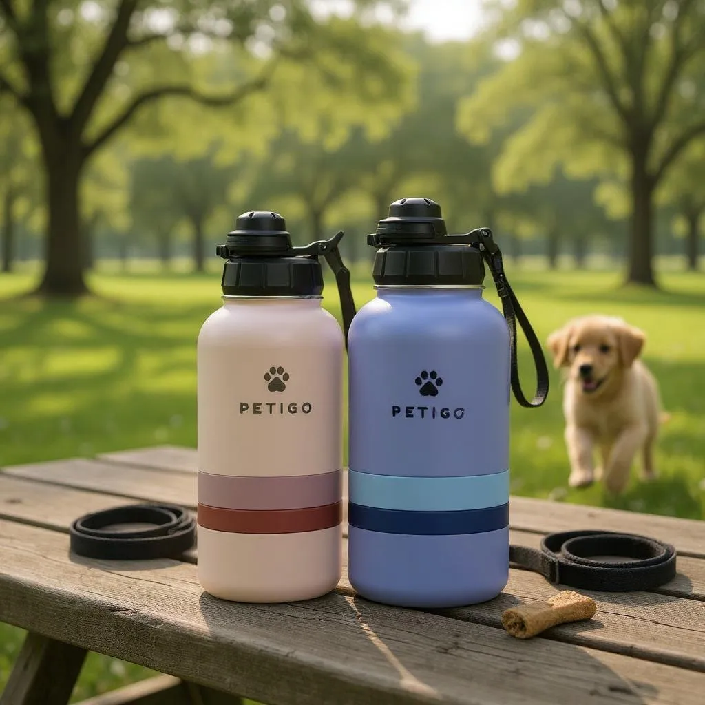 PetiGo 3 in 1 Travel Pet Bottle With Food Bowls - Stainless Steel, BPA Free, Insulated, Vacuum Sealed Lid