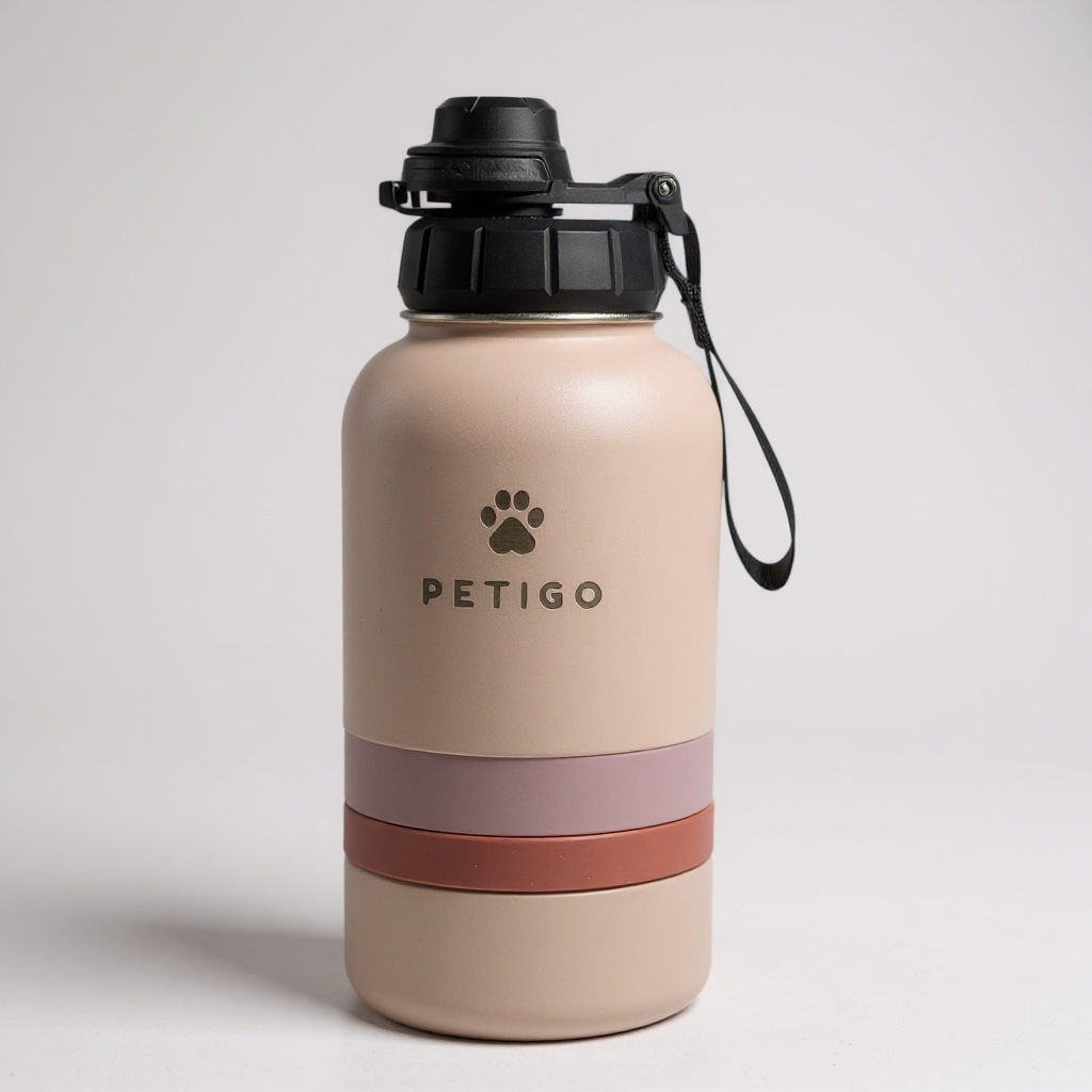 PetiGo 3 in 1 Travel Pet Bottle With Food Bowls - Stainless Steel, BPA Free, Insulated, Vacuum Sealed Lid