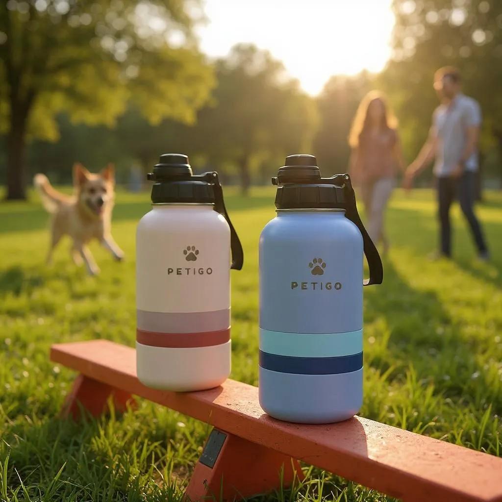 PetiGo 3 in 1 Travel Pet Bottle With Food Bowls - Stainless Steel, BPA Free, Insulated, Vacuum Sealed Lid