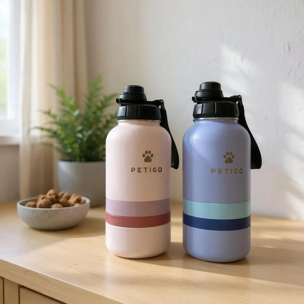 PetiGo 3 in 1 Travel Pet Bottle With Food Bowls - Stainless Steel, BPA Free, Insulated, Vacuum Sealed Lid